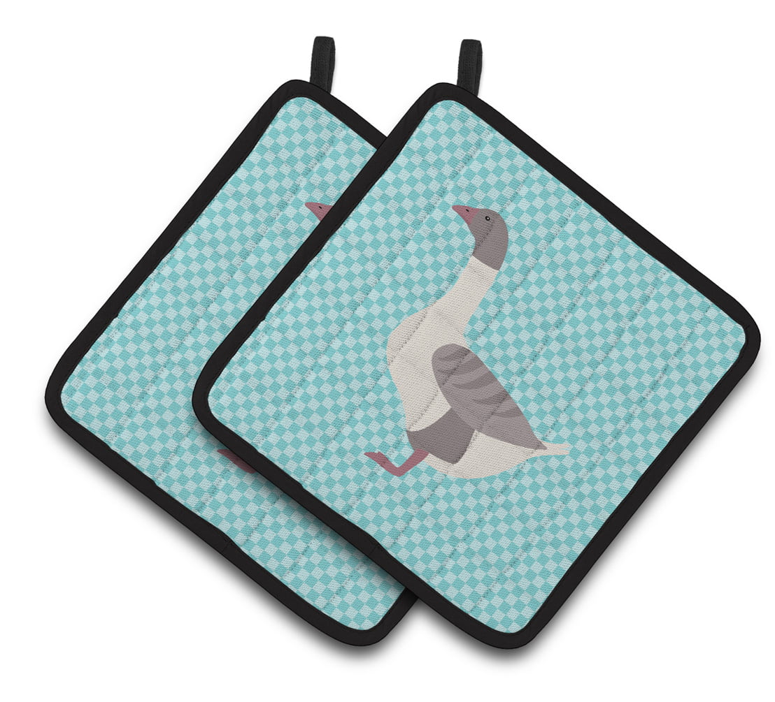 BB8075PTHD Buff Grey Back Goose Blue Check Pair of Pot Holders