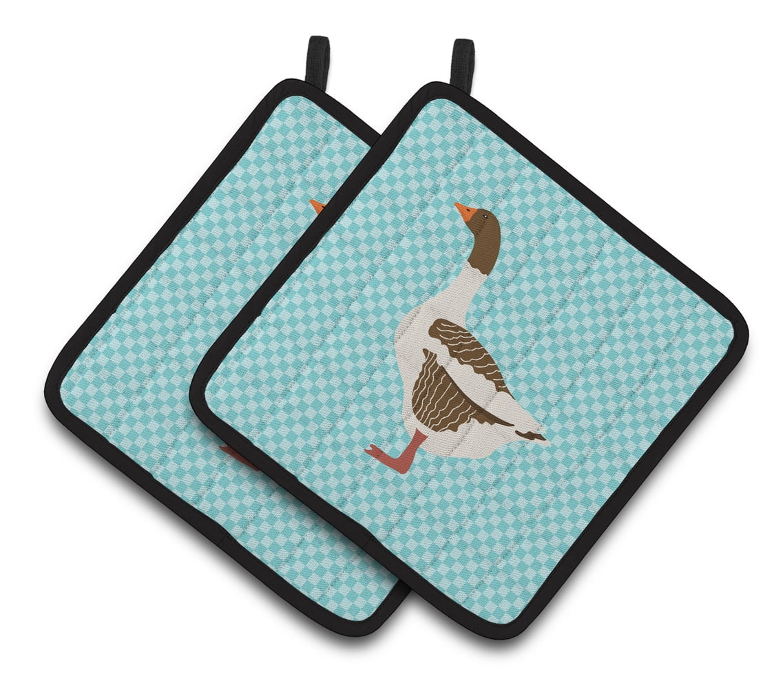 BB8077PTHD Pomeranian Rogener Goose Blue Check Pair of Pot Holders
