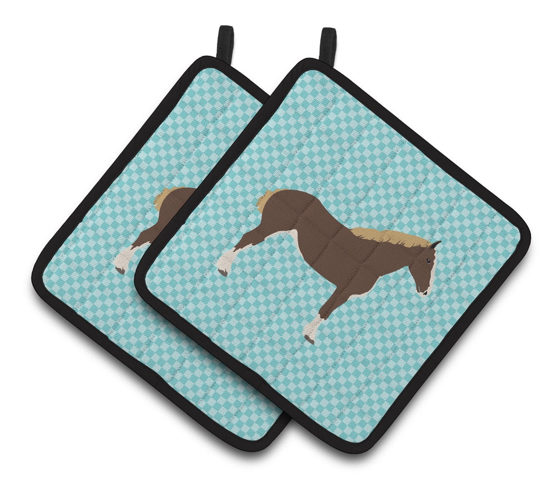 BB8080PTHD Percheron Horse Blue Check Pair of Pot Holders