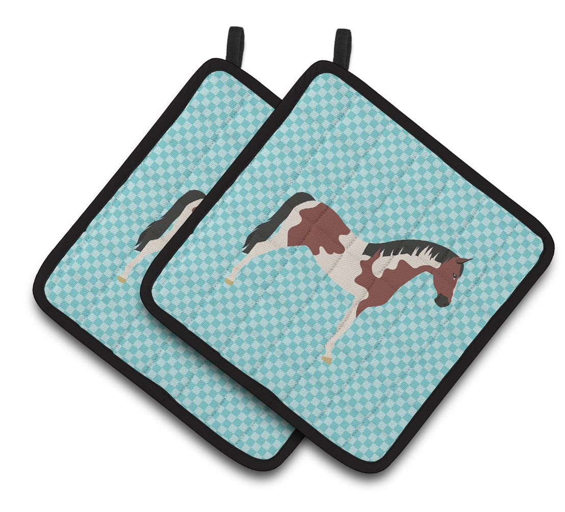 Pinto Horse Blue Check Pair of Pot Holders - Blue