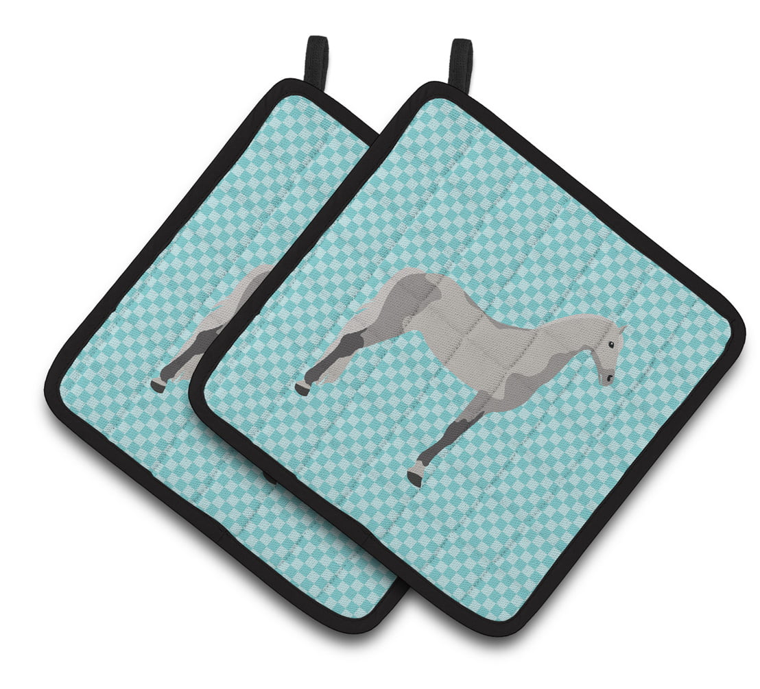 Orlov Trotter Horse Blue Check Pair of Pot Holders - Blue