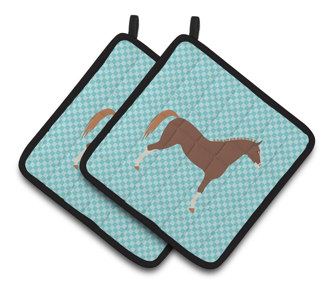 Hannoverian Horse Blue Check Pair of Pot Holders - Blue
