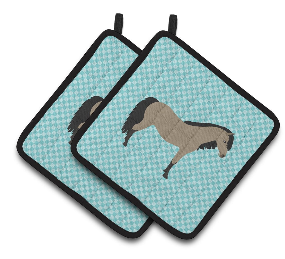 BB8084PTHD Welsh Pony Horse Blue Check Pair of Pot Holders