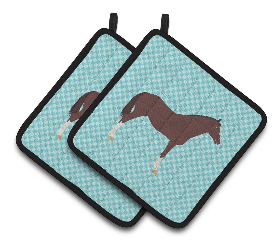 BB8087PTHD English Thoroughbred Horse Blue Check Pair of Pot Holders