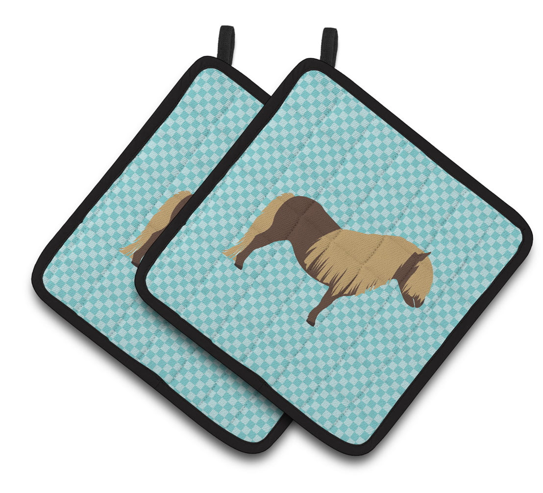 Shetland Pony Horse Blue Check Pair of Pot Holders - Blue