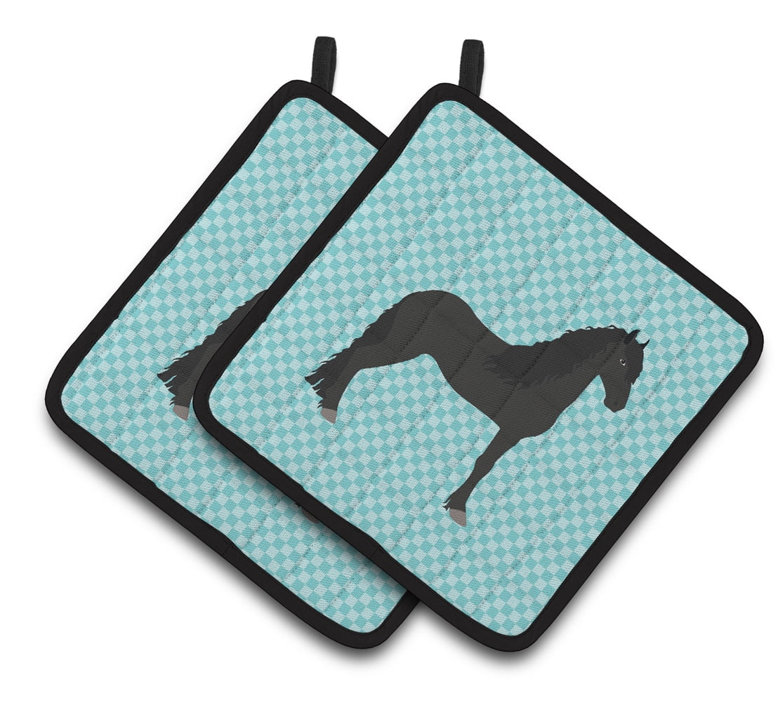 Friesian Horse Blue Check Pair of Pot Holders - Blue