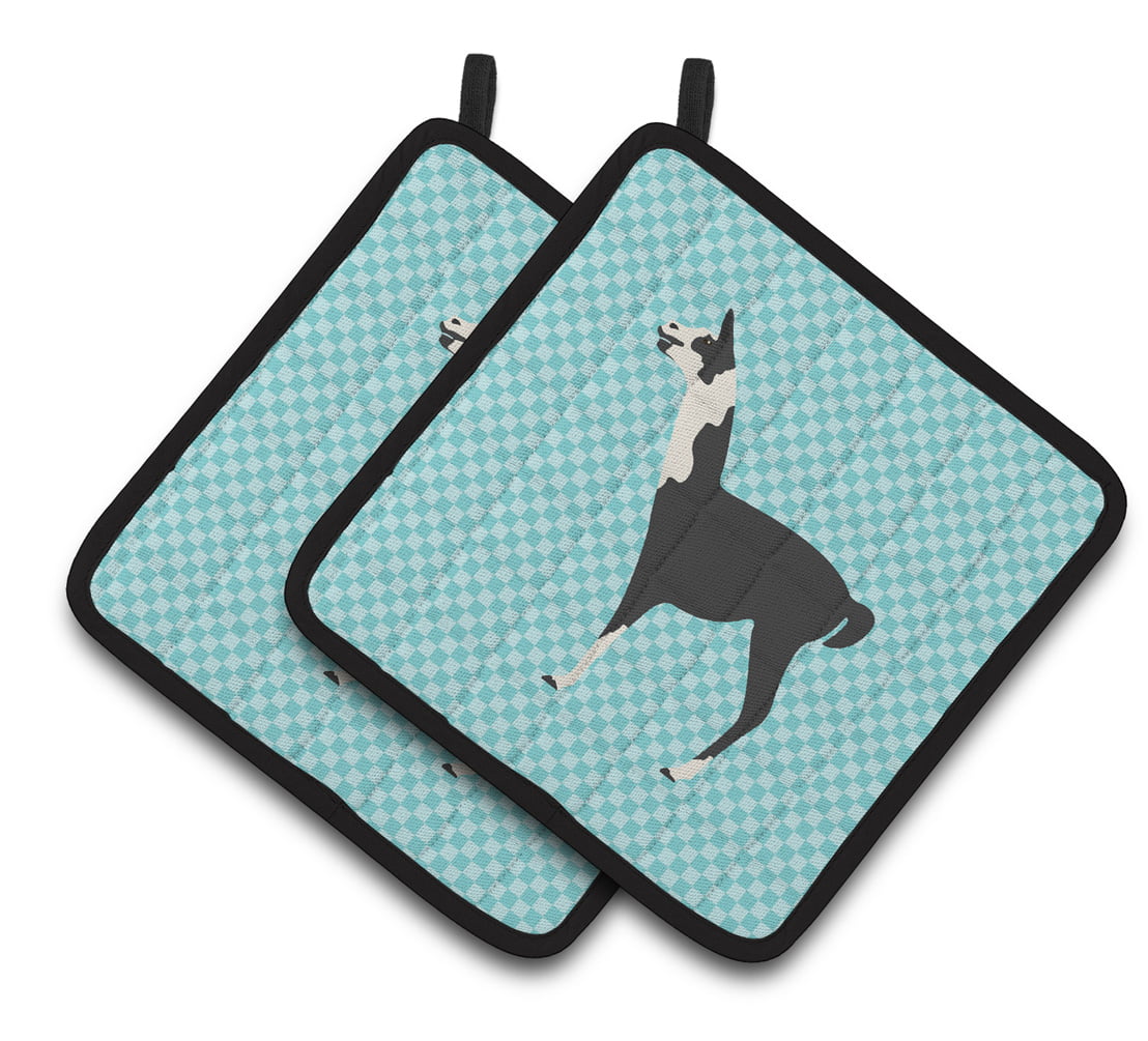 Llama Q Ara Blue Check Pair of Pot Holders - Blue