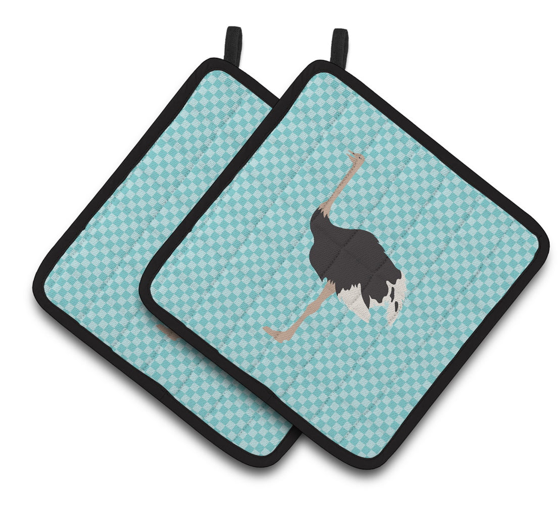 Common Ostrich Blue Check Pair of Pot Holders - Blue