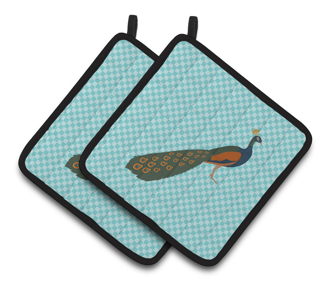BB8099PTHD Indian Peacock Peafowl Blue Check Pair of Pot Holders