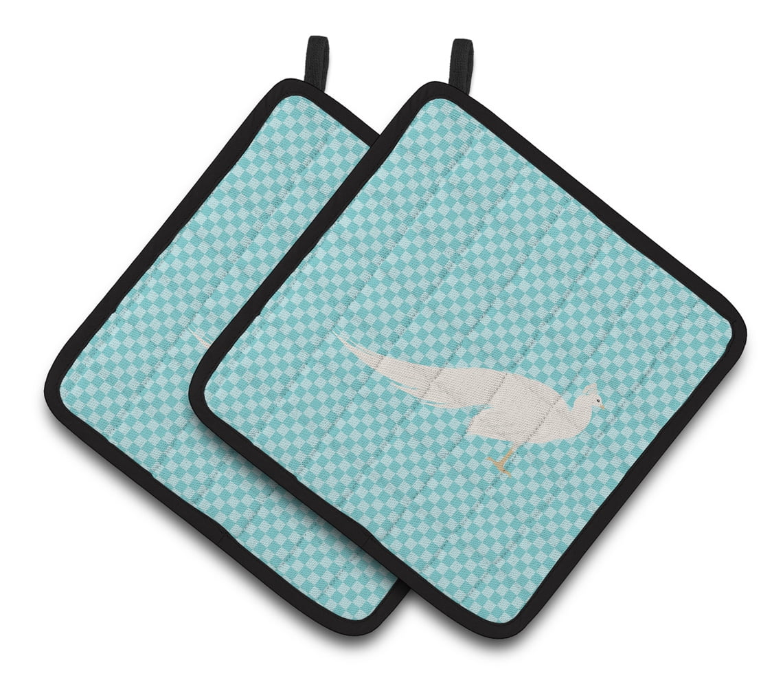 White Peacock Peafowl Blue Check Pair of Pot Holders - Blue