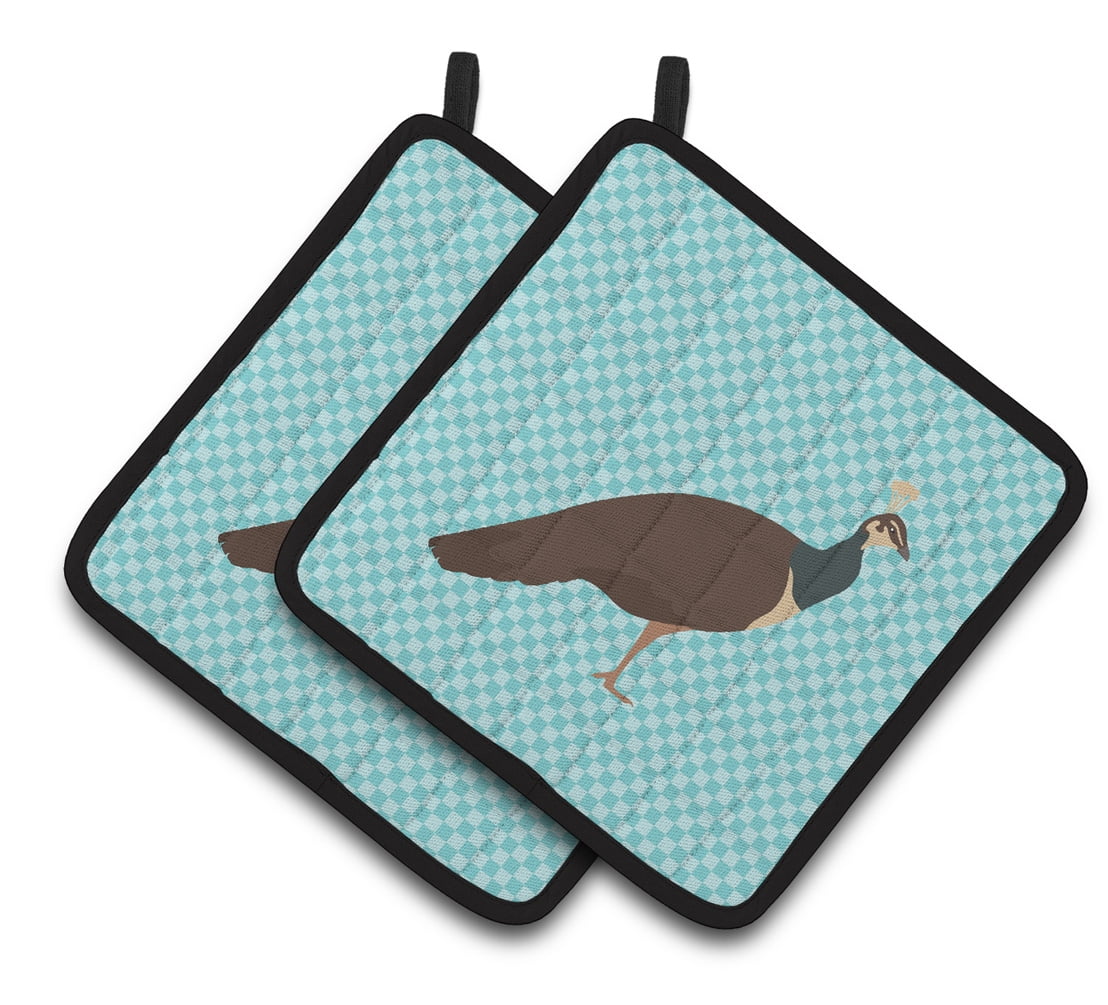 BB8101PTHD Indian Peahen Peafowl Blue Check Pair of Pot Holders