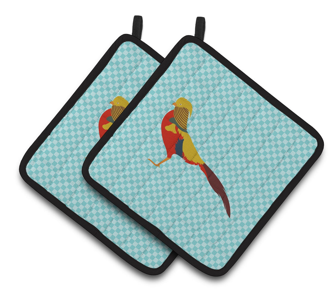 Golden or Chinese Pheasant Blue Check Pair of Pot Holders - Blue