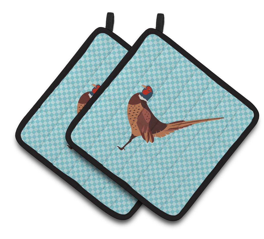Ring-necked Common Pheasant Blue Check Pair of Pot Holders