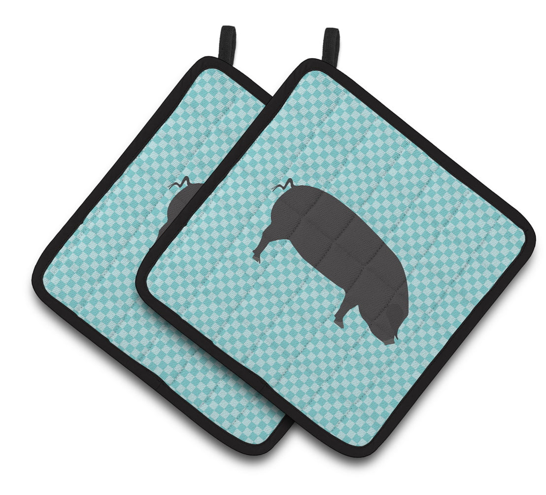 Devon Large Black Pig Blue Check Pair of Pot Holders - Blue