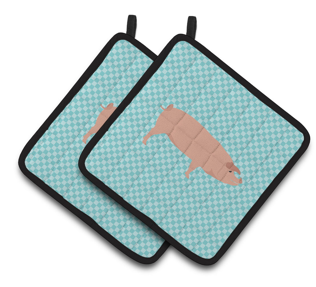 BB8106PTHD American Landrace Pig Blue Check Pair of Pot Holders