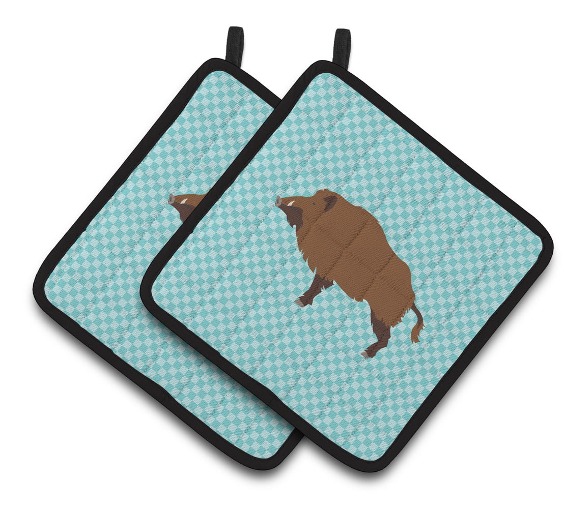Wild Boar Pig Blue Check Pair of Pot Holders