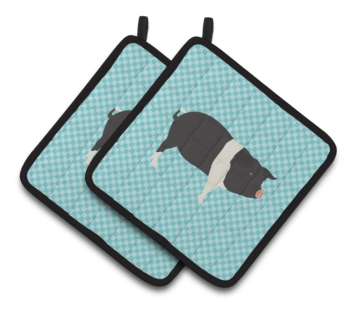 Hampshire Pig Blue Check Pair of Pot Holders - Blue