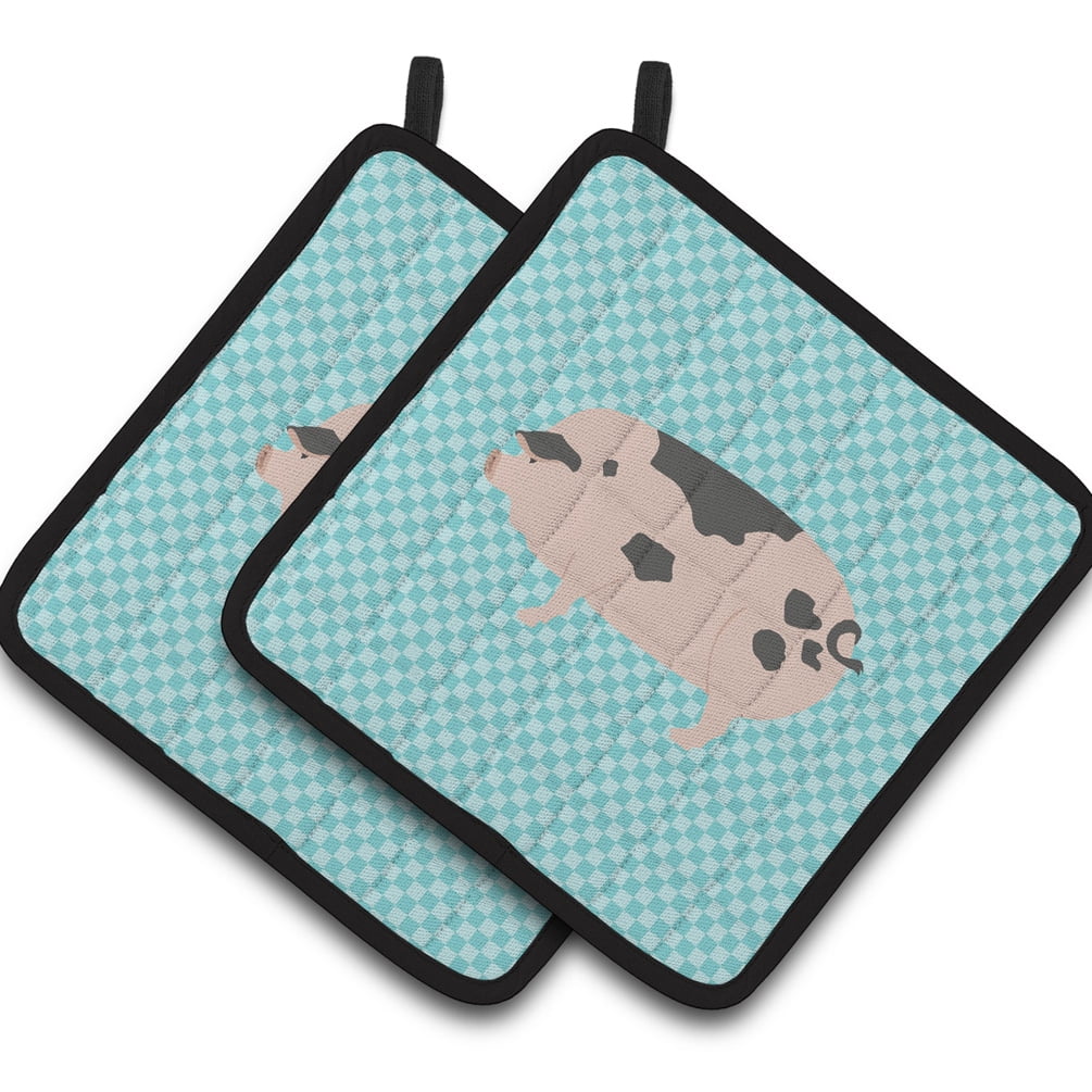 Gloucester Old Spot Pig Blue Check Pair of Pot Holders
