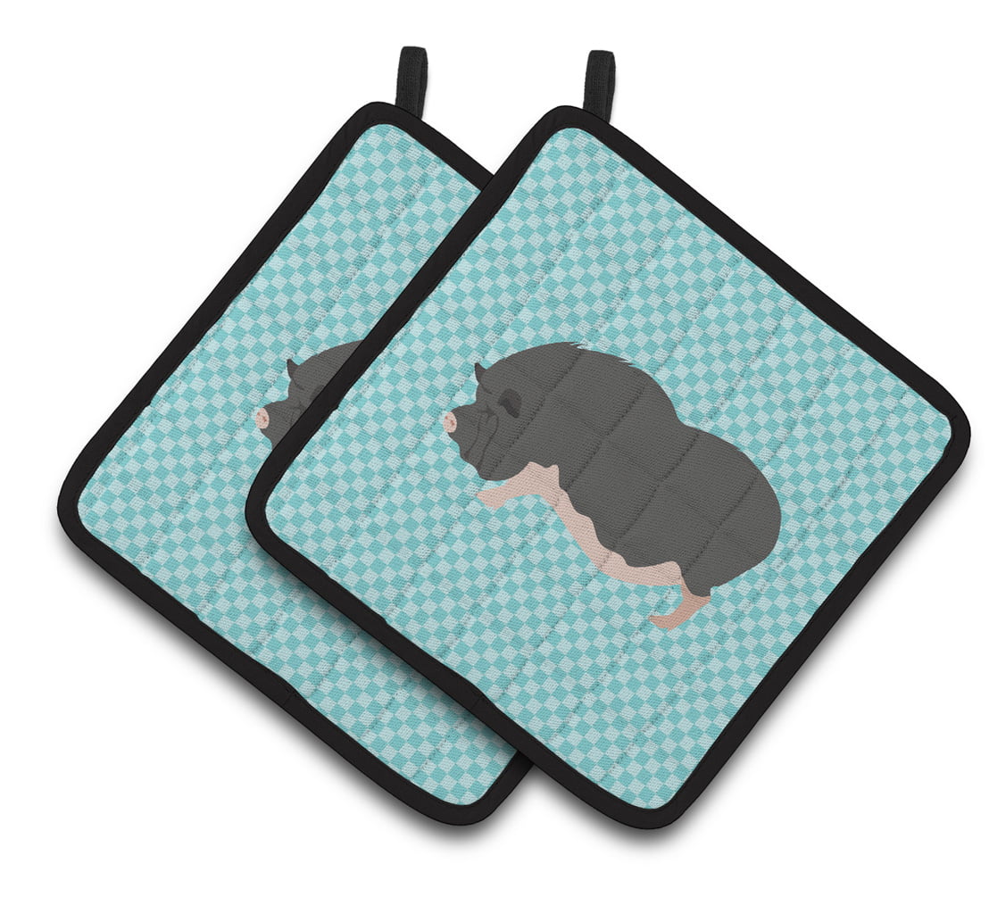 Vietnamese Pot-Bellied Pig Blue Check Pair of Pot Holders - Blue