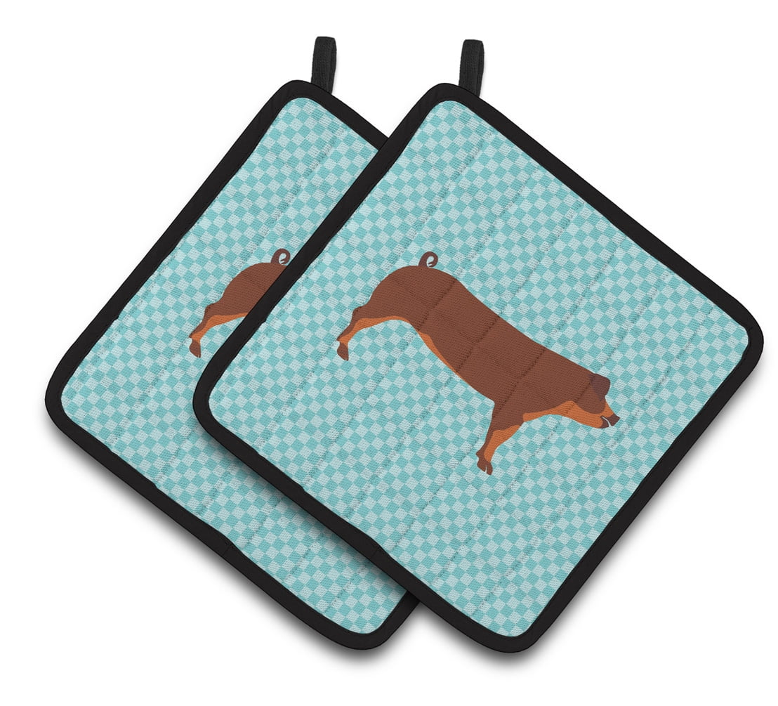 Duroc Pig Blue Check Pair of Pot Holders - Blue