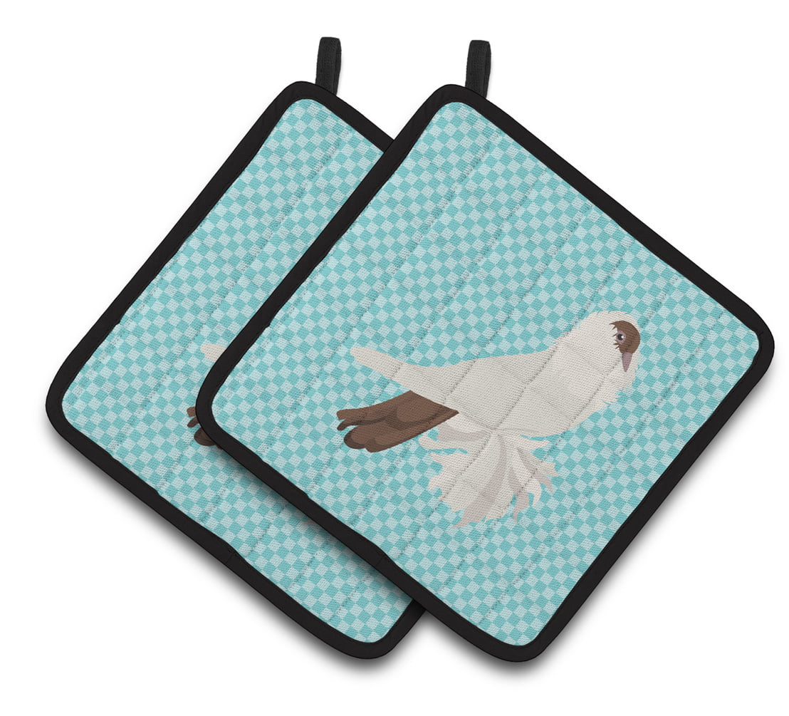 German Helmet Pigeon Blue Check Pair of Pot Holders - Blue