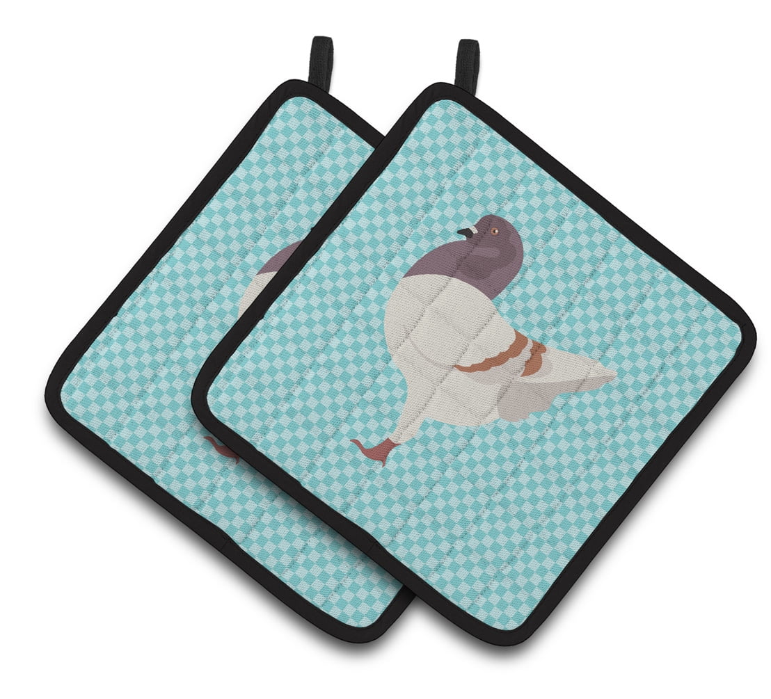 German Modena Pigeon Blue Check Pair of Pot Holders - Blue