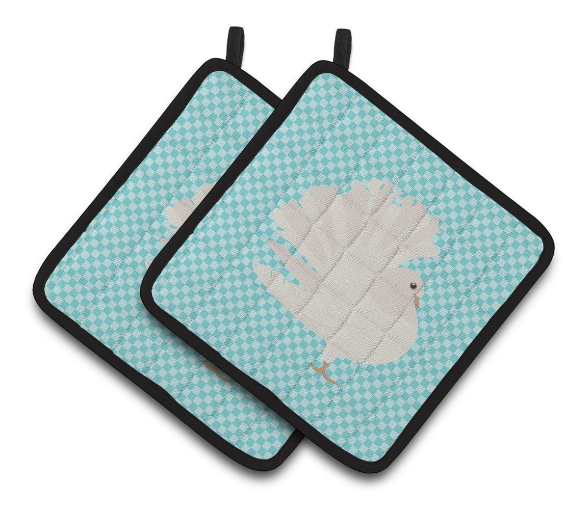 Silver Fantail Pigeon Blue Check Pair of Pot Holders - Blue