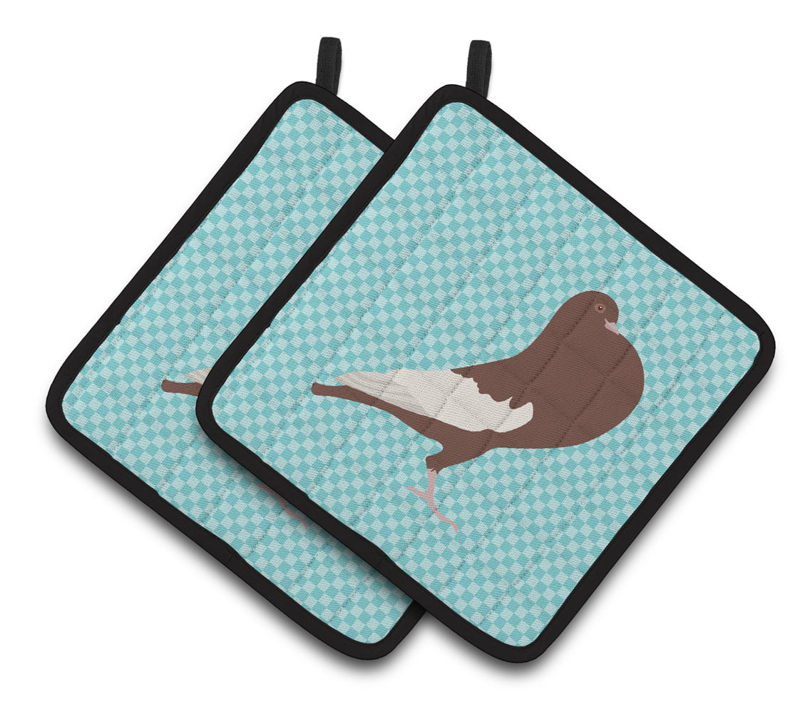 English Pouter Pigeon Blue Check Pair of Pot Holders - Blue