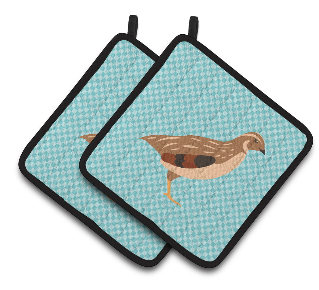 Golden Phoenix Quail Blue Check Pair of Pot Holders - Blue