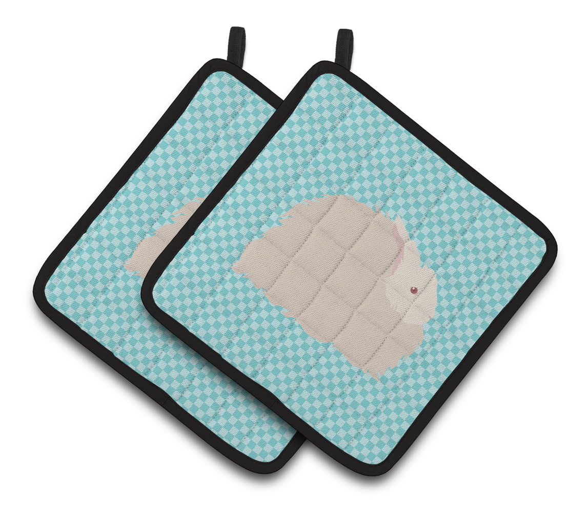 Fluffy Angora Rabbit Blue Check Pair of Pot Holders - Blue