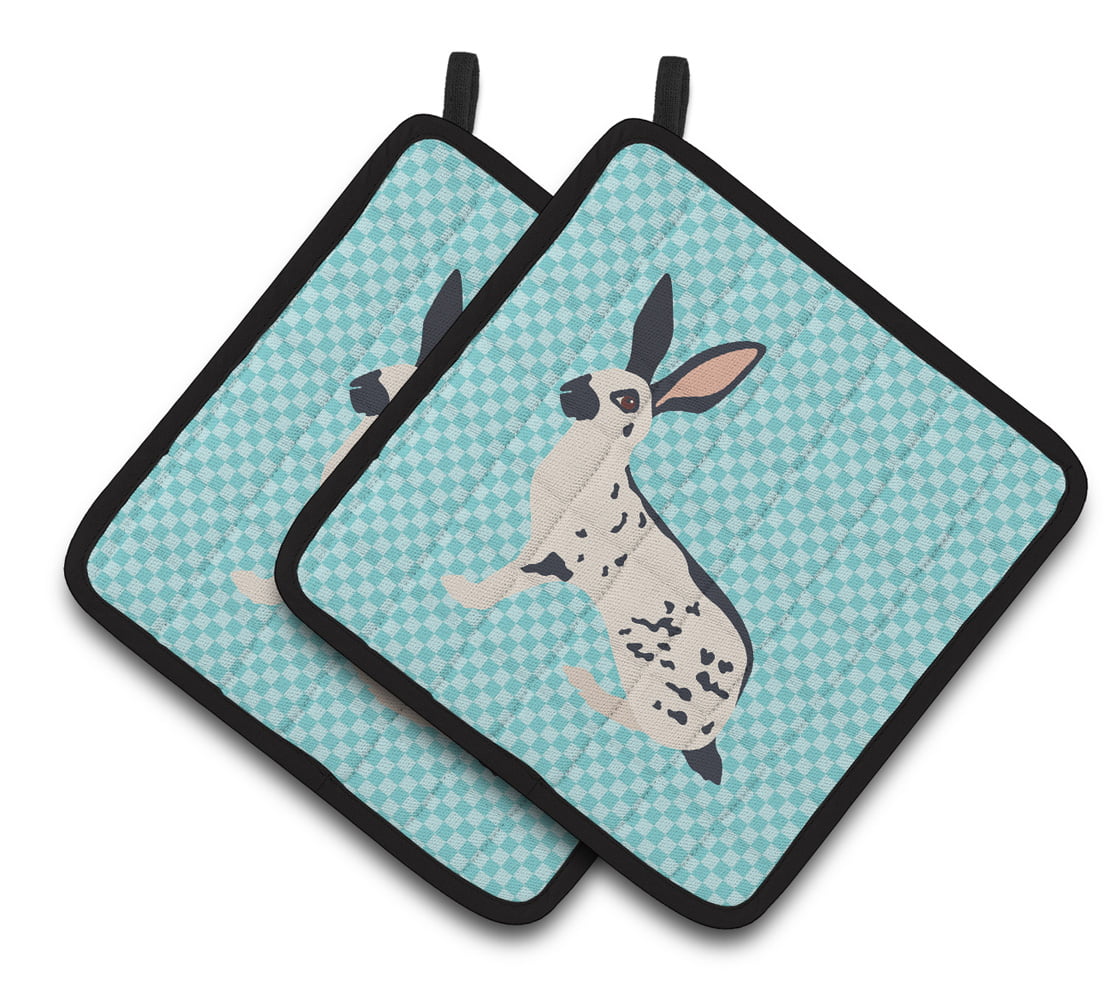 English Spot Rabbit Blue Check Pair of Pot Holders - Blue