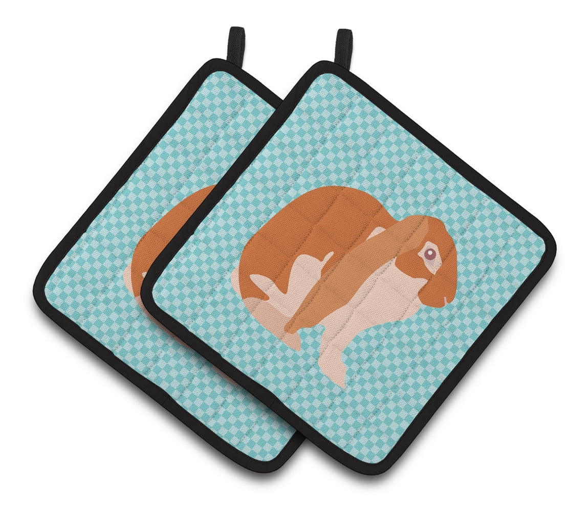 English Lop Rabbit Blue Check Pair of Pot Holders - Blue