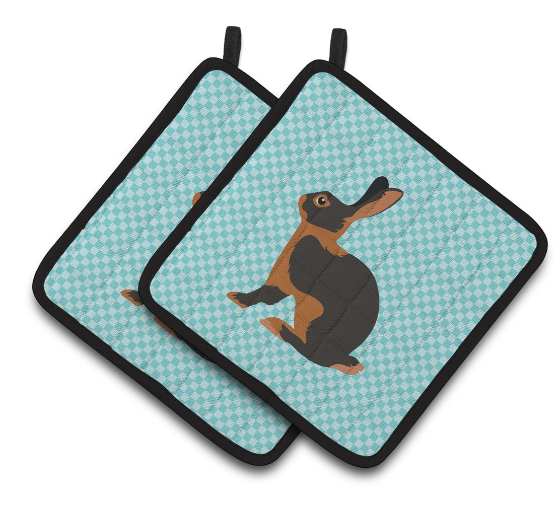 Tan Rabbit Blue Check Pair of Pot Holders - Blue