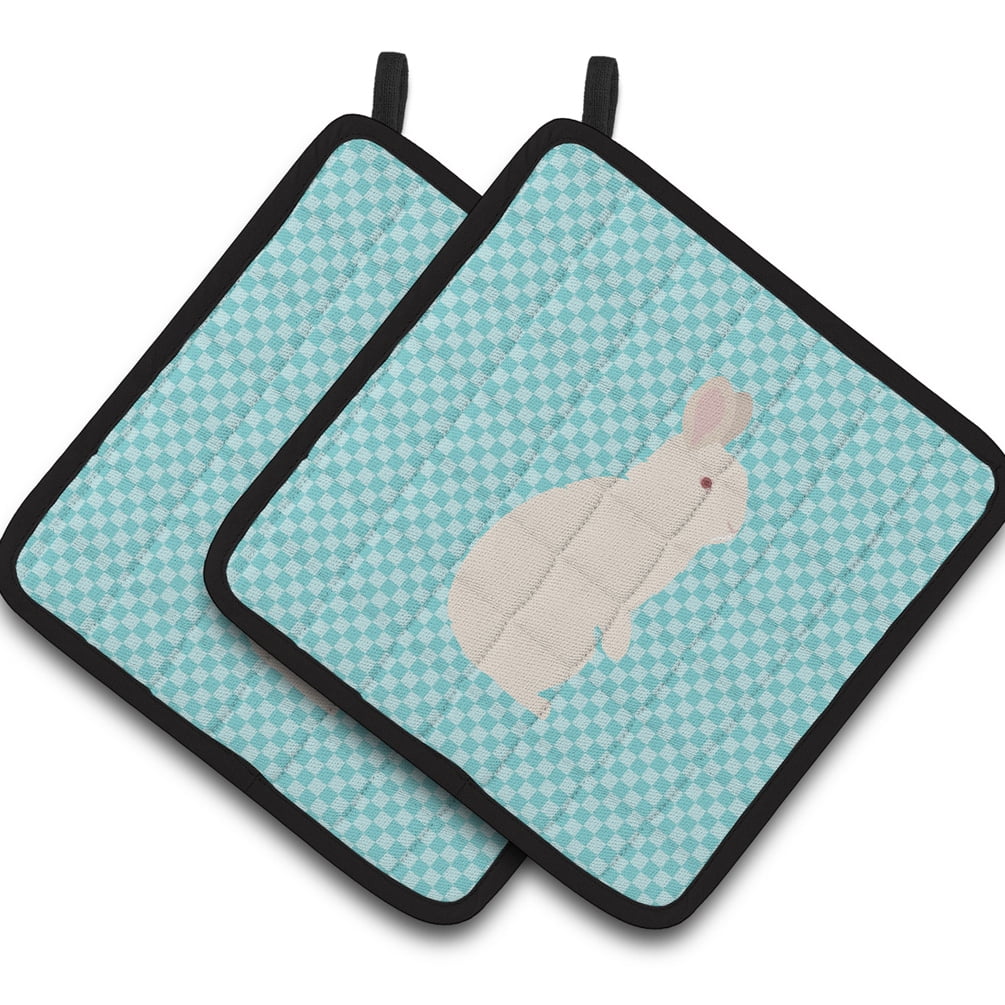 New Zealand White Rabbit Blue Check Pair of Pot Holders - Blue