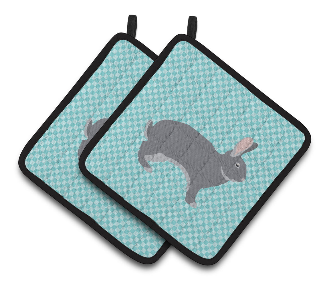 Giant Chinchilla Rabbit Blue Check Pair of Pot Holders - Blue