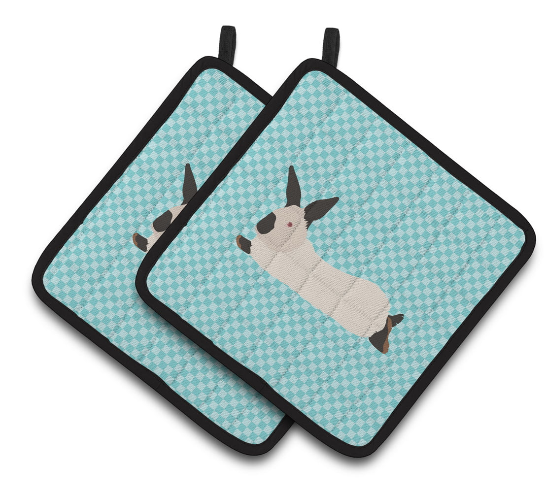 California White Rabbit Blue Check Pair of Pot Holders - Blue