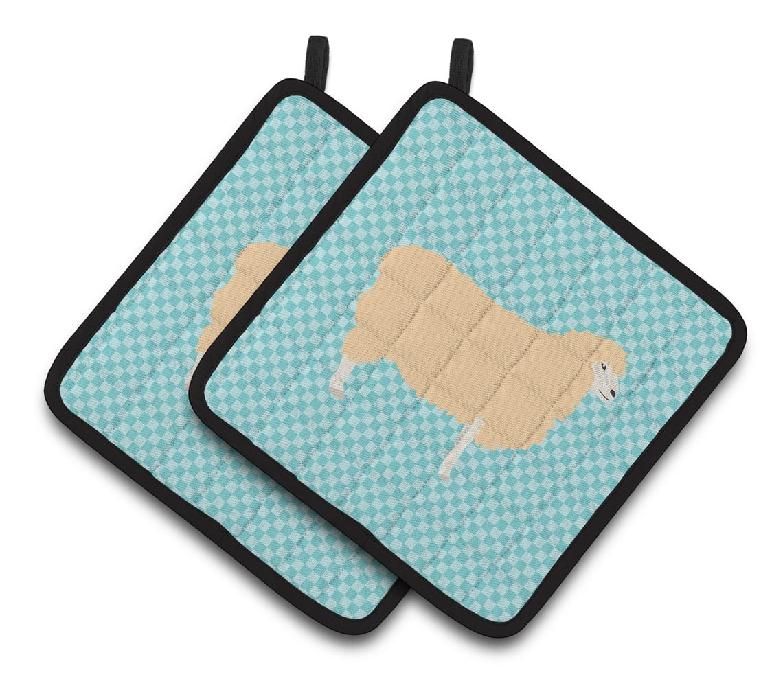 English Leicester Longwool Sheep Blue Check Pair of Pot Holders - Blue