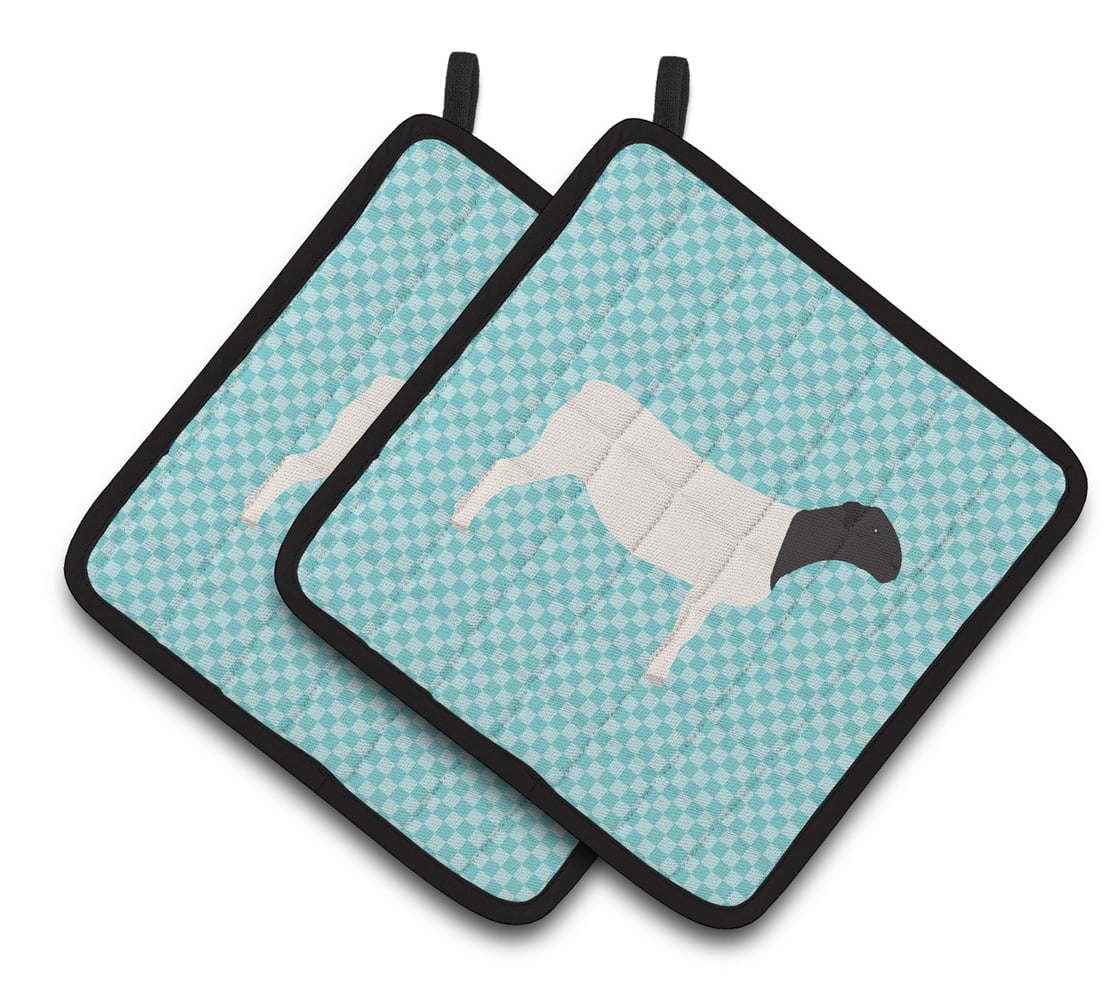 Dorper Sheep Blue Check Pair of Pot Holders - Blue