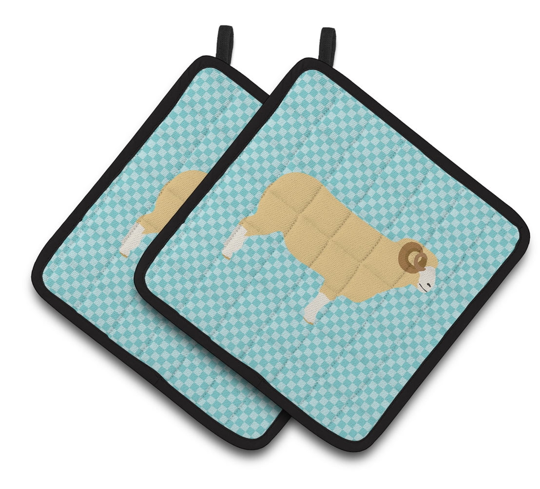 Horned Dorset Sheep Blue Check Pair of Pot Holders - Blue