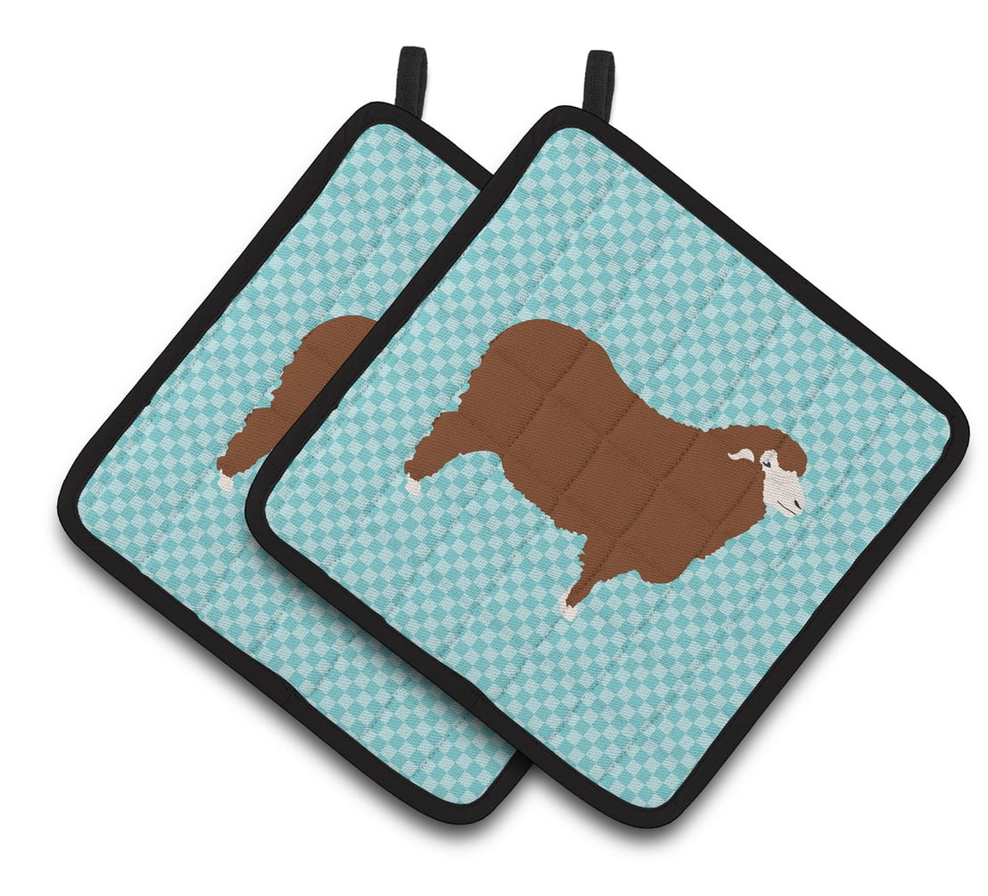 Merino Sheep Blue Check Pair of Pot Holders - Blue