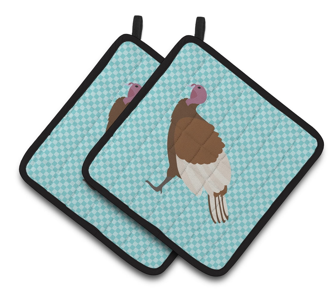 BB8156PTHD Bourbon Red Turkey Hen Blue Check Pair of Pot Holders