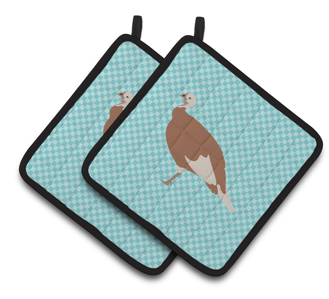 Jersey Buff Turkey Hen Blue Check Pair of Pot Holders - Blue