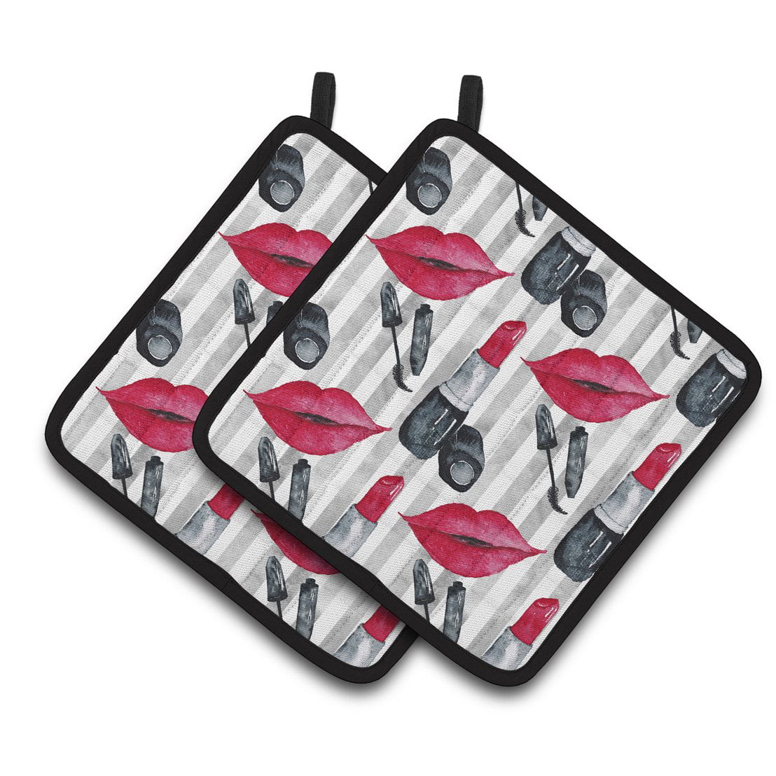 Watercolor Lipstick & Grey Stripes Pair of Pot Holders