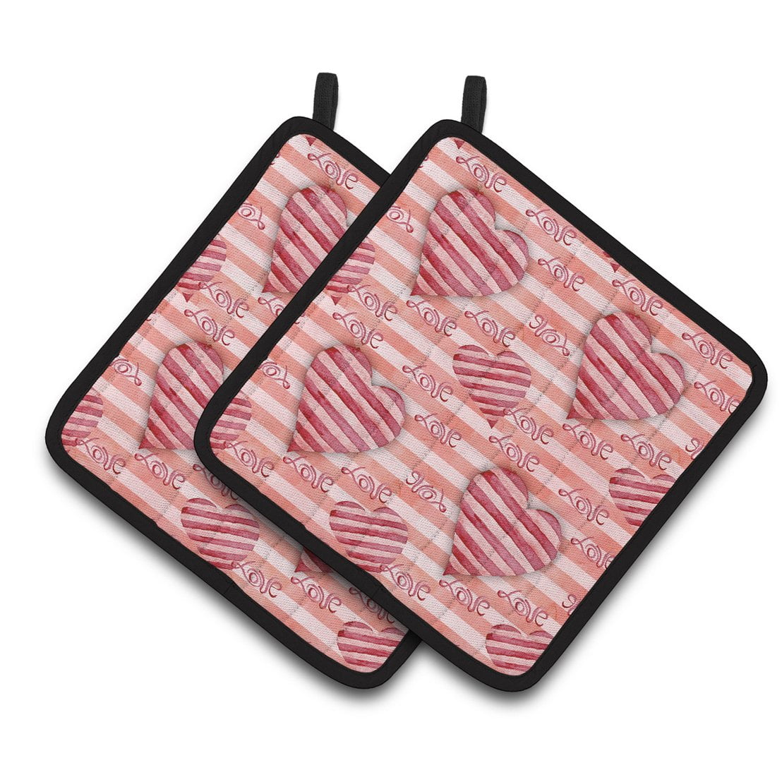 Watercolor Red Striped Hearts Pair of Pot Holders