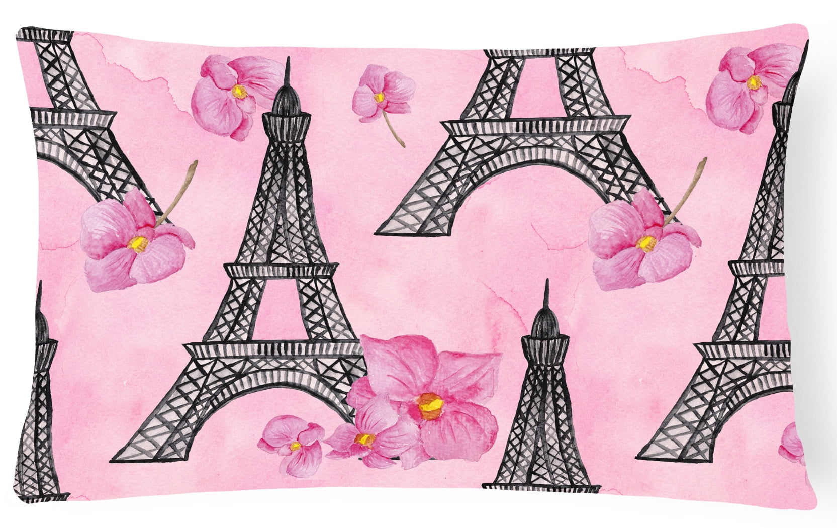 BB7511PW1216 Watercolor Pink Flowers & Eiffel Tower Canvas Fabric Decorative Pillow, 12 x 16 in.