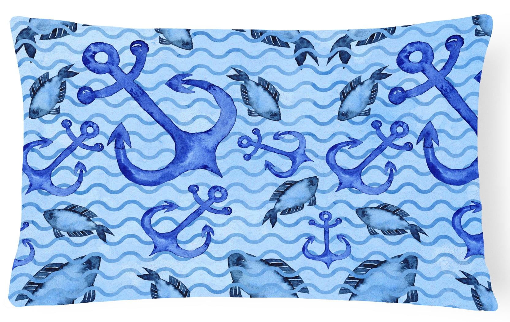 Beach Watercolor Anchors & Fish Canvas Fabric Decorative Pillow - 12 x 16 in.