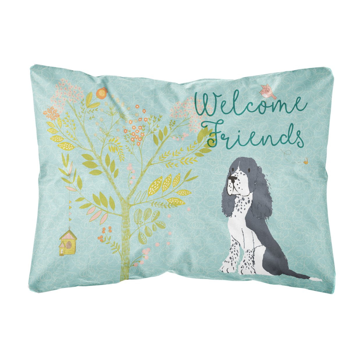 Welcome Friends Black Springer Spaniel Canvas Fabric Decorative Pillow - 12 x 16 in.
