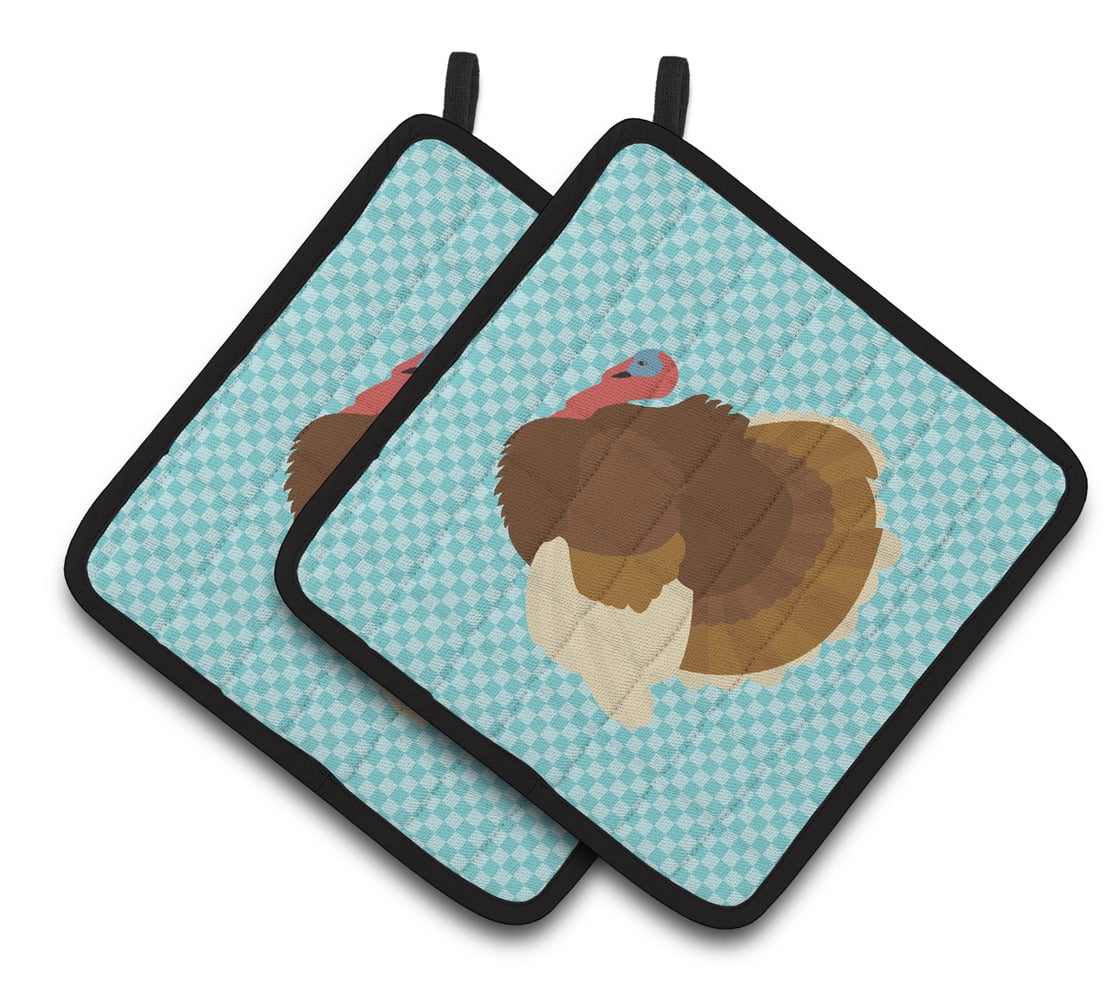 French Turkey Dindon Blue Check Pair of Pot Holders - Blue