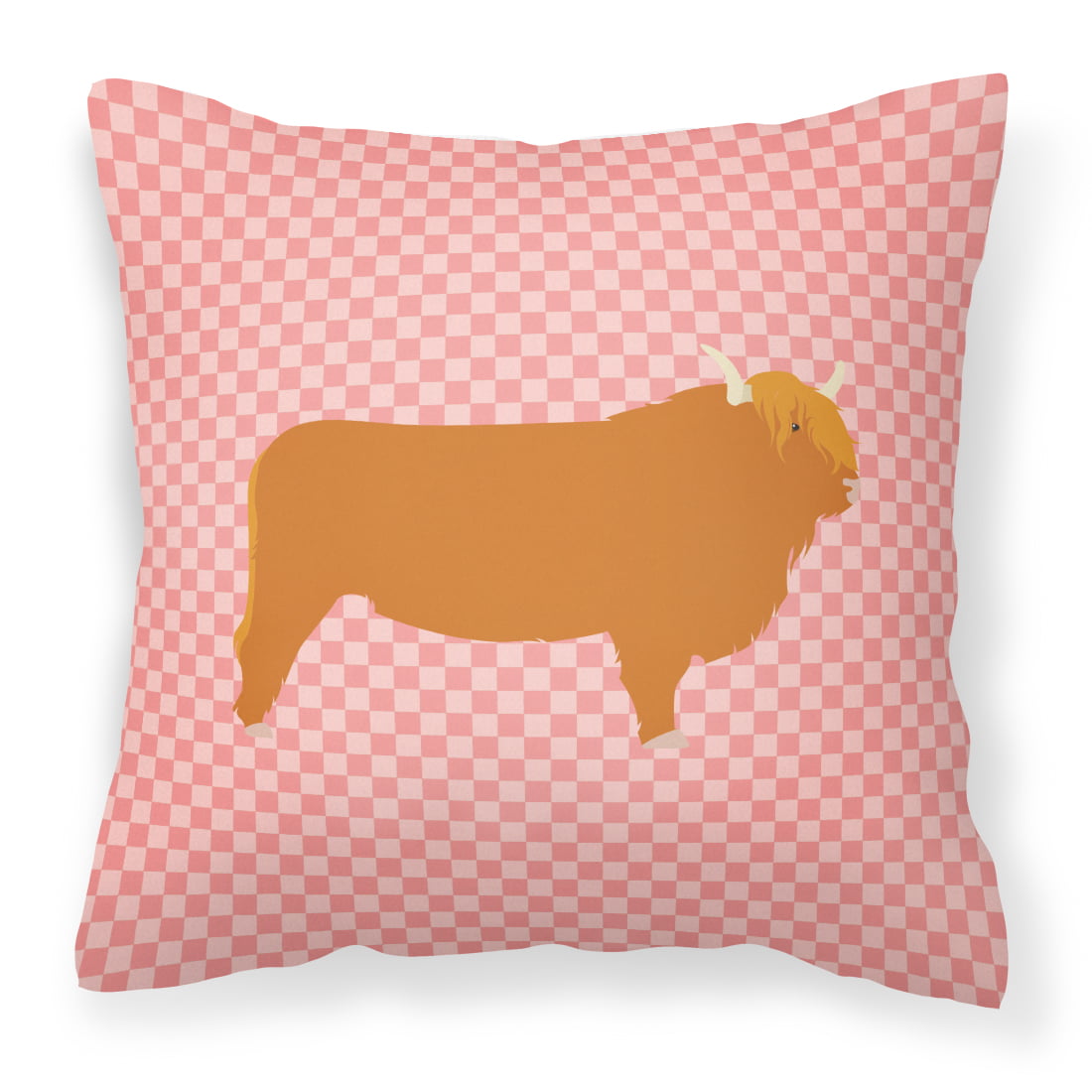 Highland Cow Pink Check Fabric Decorative Pillow - 14 x 14 in.