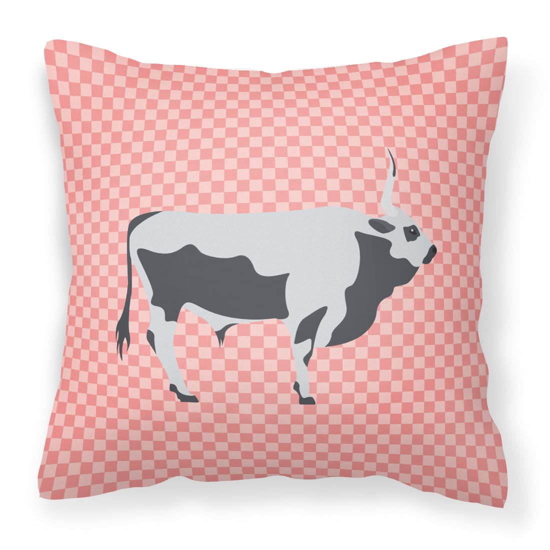 Hungarian Grey Steppe Cow Pink Check Fabric Decorative Pillow - 14 x 14 in.